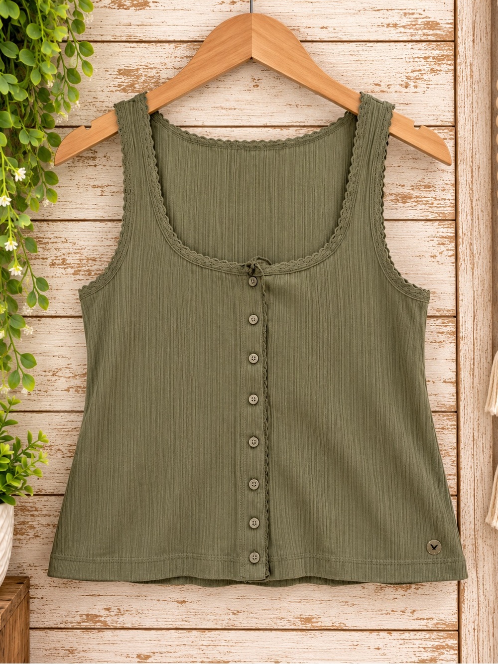 American Eagle Outfitters Olive Ribbed Button-Front Tank